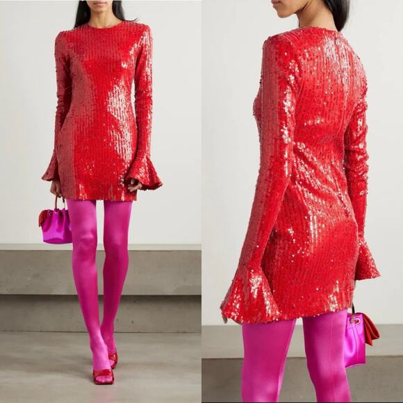 NWT ROTATE Birger Christensen Sequins Long Sleeve Mini Dress Red Cocktail Size 4 - Picture 15 of 16